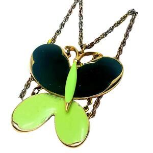 23" VNtG Butterflies Are Free To Fly~ Articulated Goldtone Green Enamel Necklace